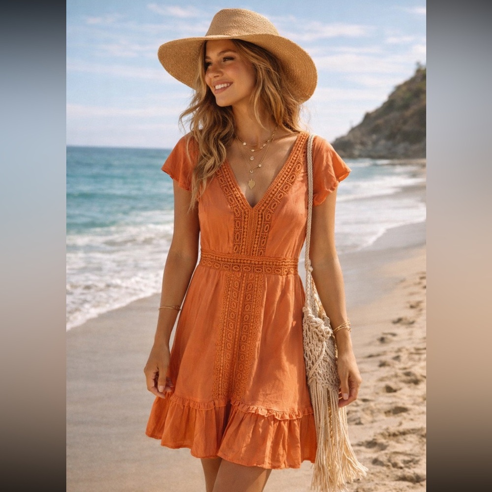 Sincerely Jules Women Orange Crochet Lace Trim Flutter Sleeve Mini Dress Size M